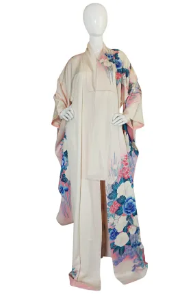 1940s Floral Pastel Hand Painted Pink & Blue Silk Kimono