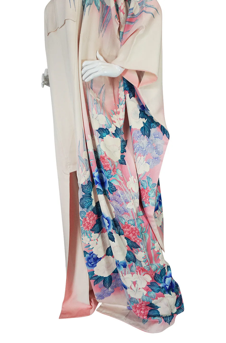 1940s Floral Pastel Hand Painted Pink & Blue Silk Kimono