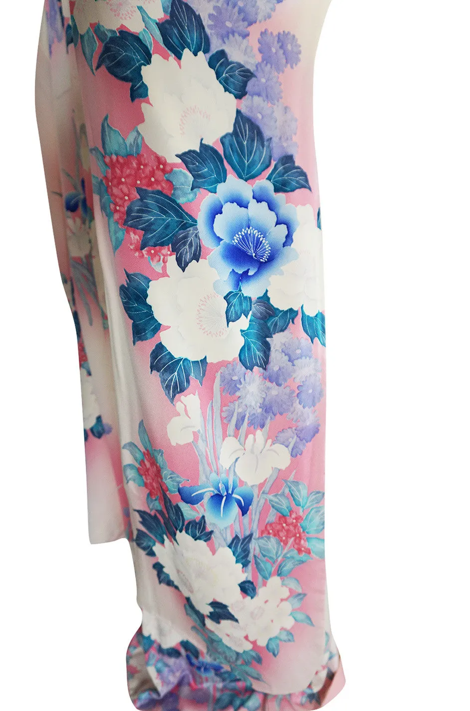 1940s Floral Pastel Hand Painted Pink & Blue Silk Kimono