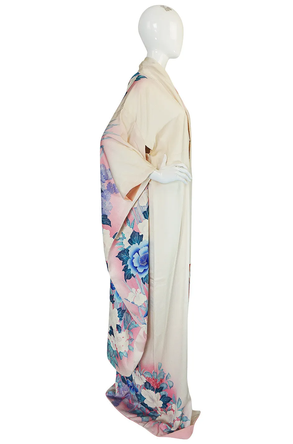 1940s Floral Pastel Hand Painted Pink & Blue Silk Kimono