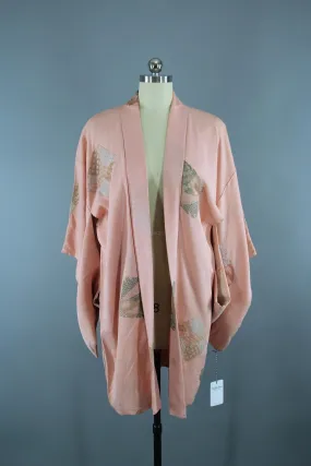 1940s Vintage Silk Haori Kimono Jacket Cardigan / Peach Pink Embroidered Omeshi