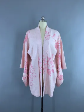 1950s Vintage Silk Haori Kimono Cardigan Jacket in Pink and White Rose Floral Shibori