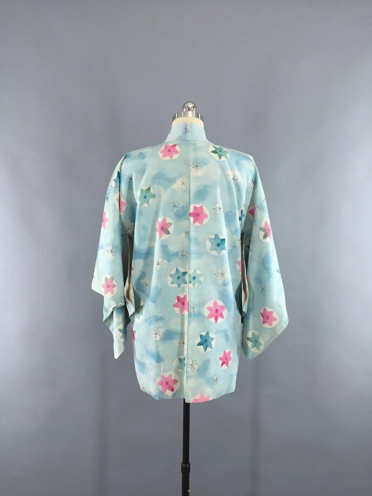 1950s Vintage Silk Haori Kimono Cardigan Jacket with Aqua Blue and Pink Stars