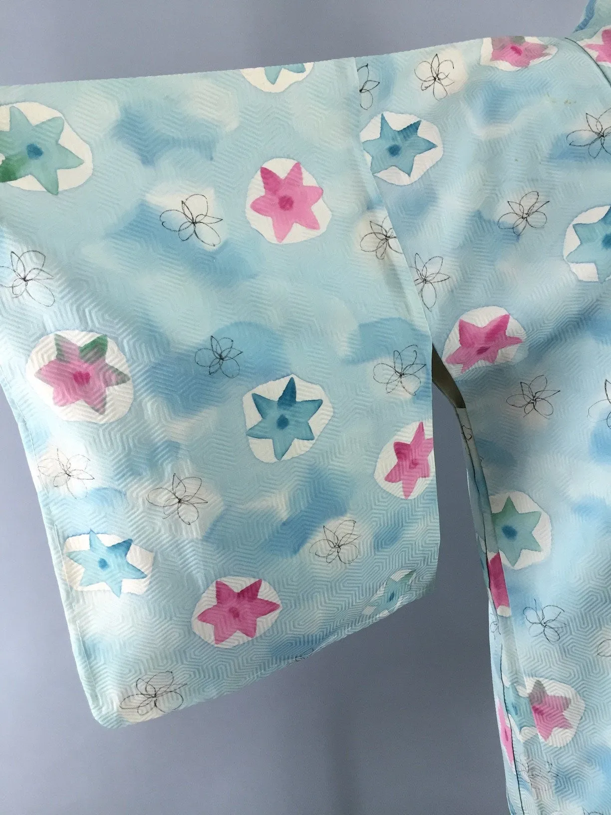 1950s Vintage Silk Haori Kimono Cardigan Jacket with Aqua Blue and Pink Stars