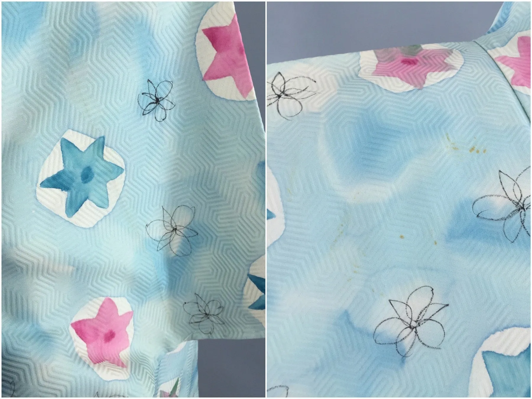 1950s Vintage Silk Haori Kimono Cardigan Jacket with Aqua Blue and Pink Stars