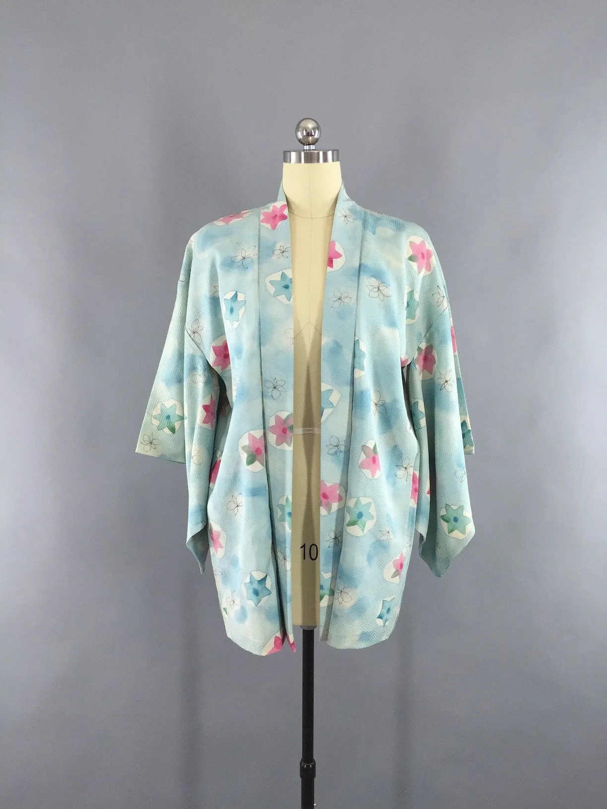 1950s Vintage Silk Haori Kimono Cardigan Jacket with Aqua Blue and Pink Stars