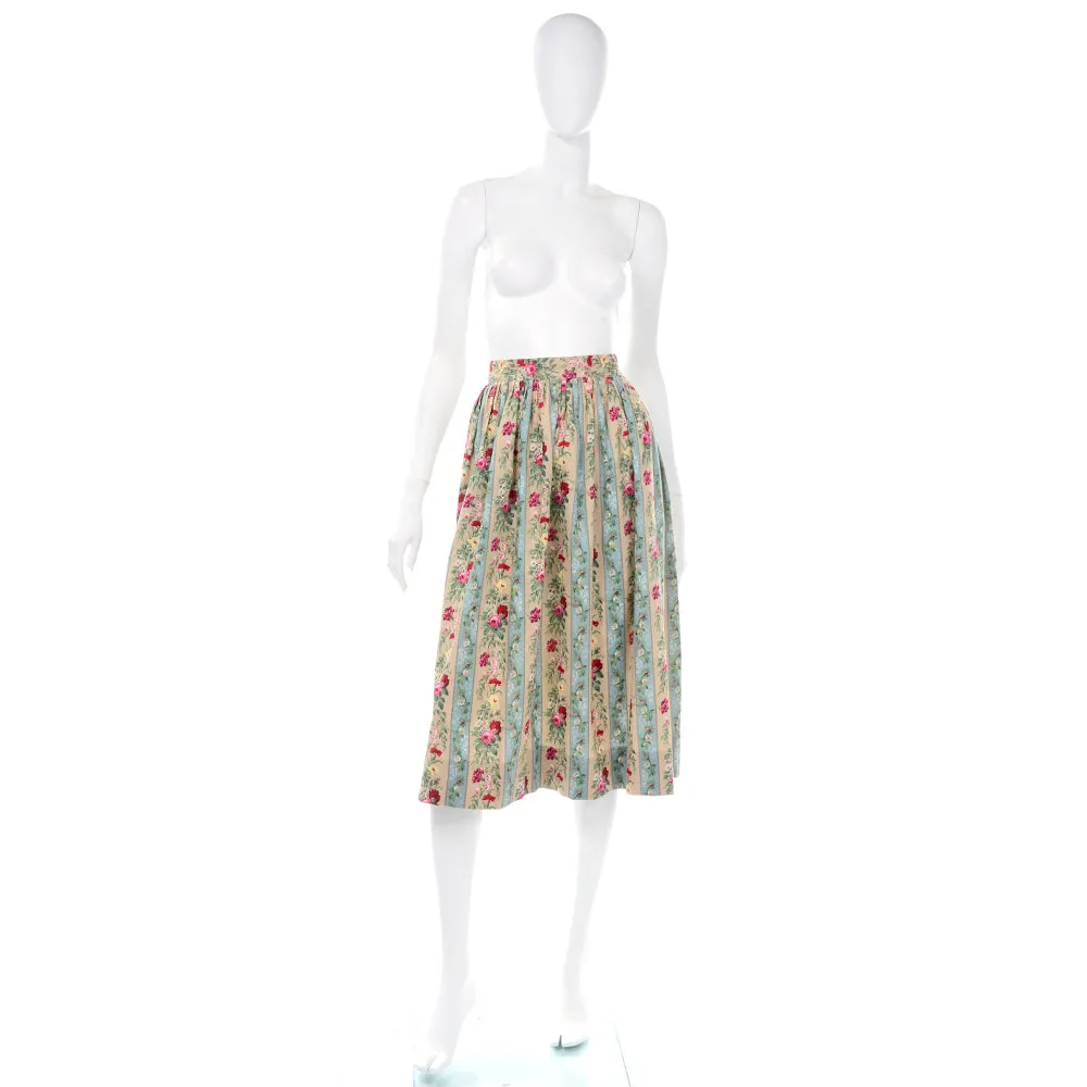 1980s Herman Geist Cream & Blue Floral Striped Midi Skirt