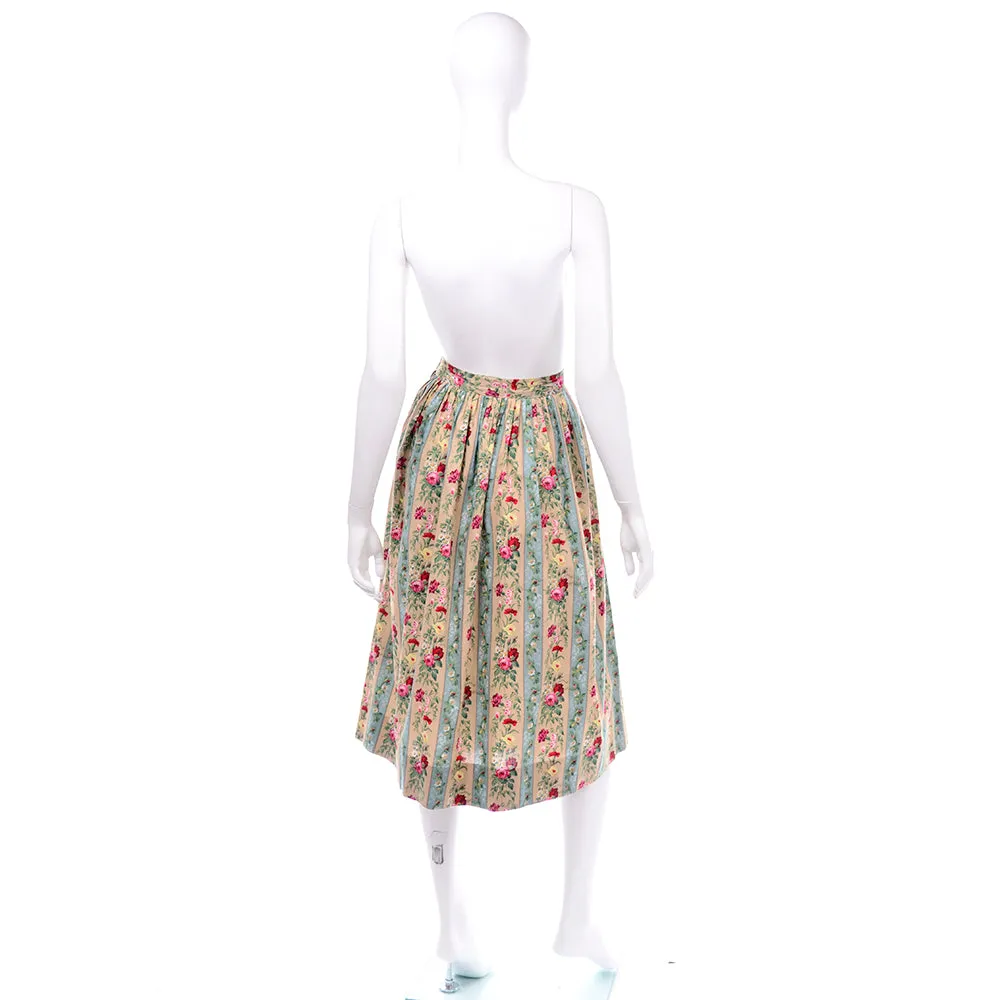 1980s Herman Geist Cream & Blue Floral Striped Midi Skirt