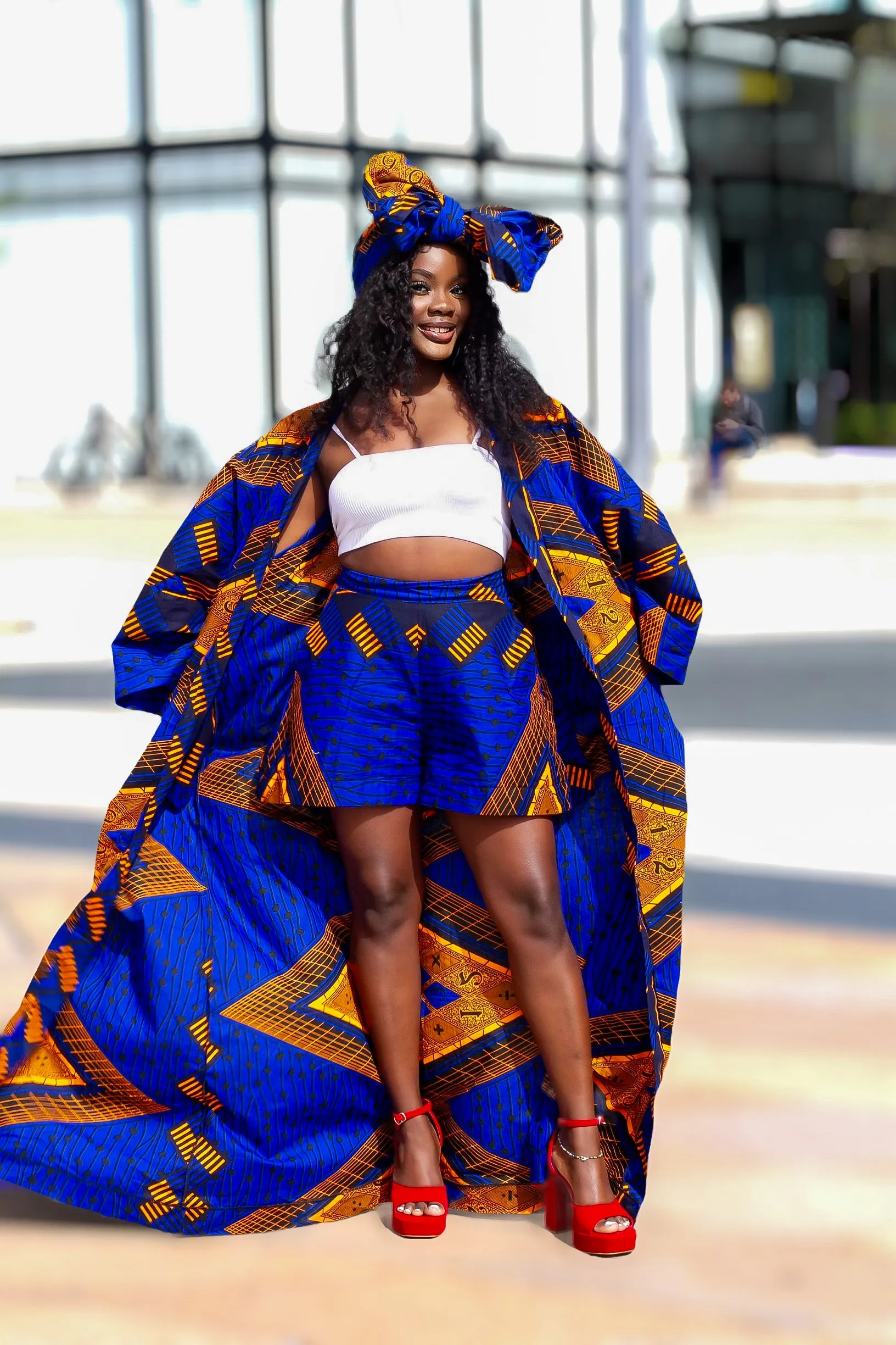 2pcs African Print Maxi Kimono and Shorts Set - Kaye