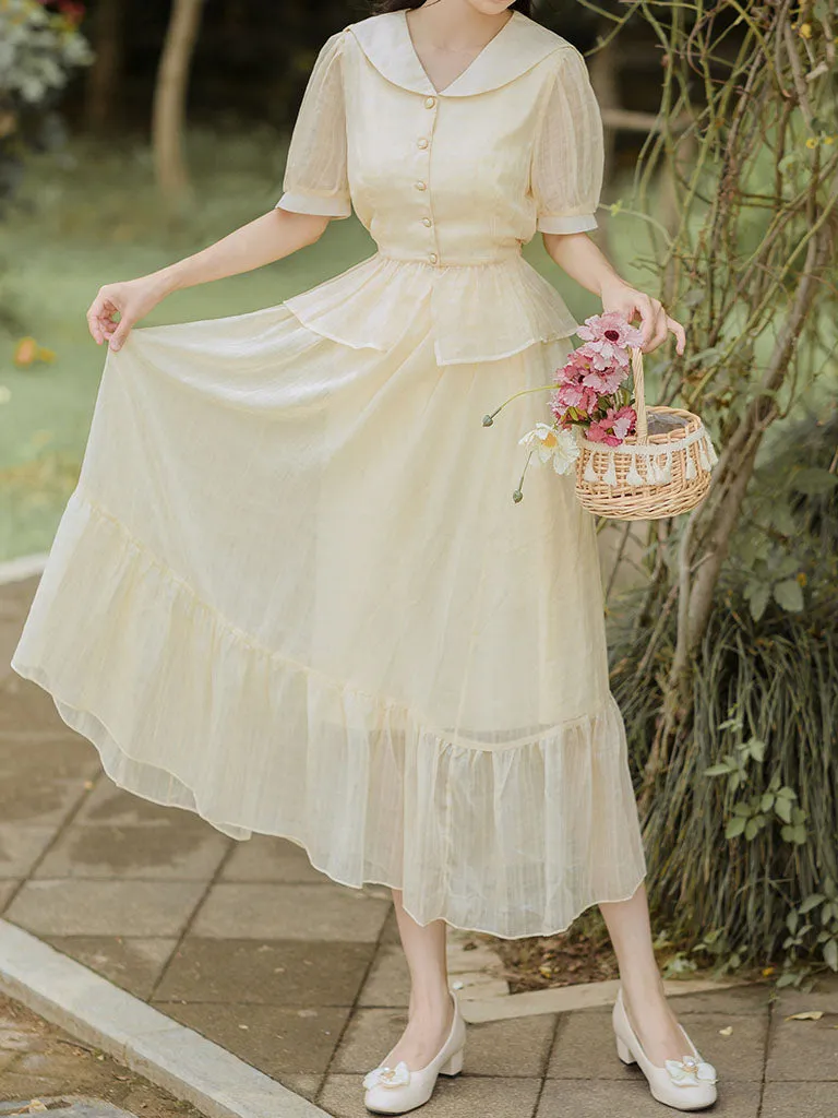 2PS Pastel Yellow  Sailor Collar Wasp Waist Blouse And Swing Skirt Suits