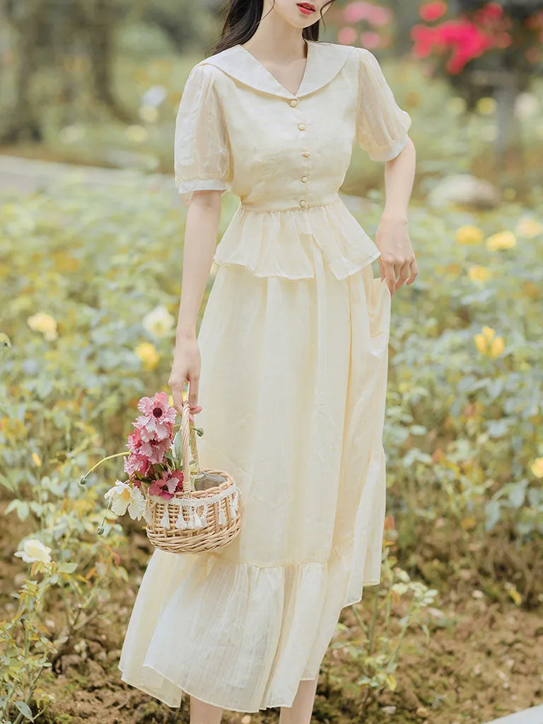 2PS Pastel Yellow  Sailor Collar Wasp Waist Blouse And Swing Skirt Suits