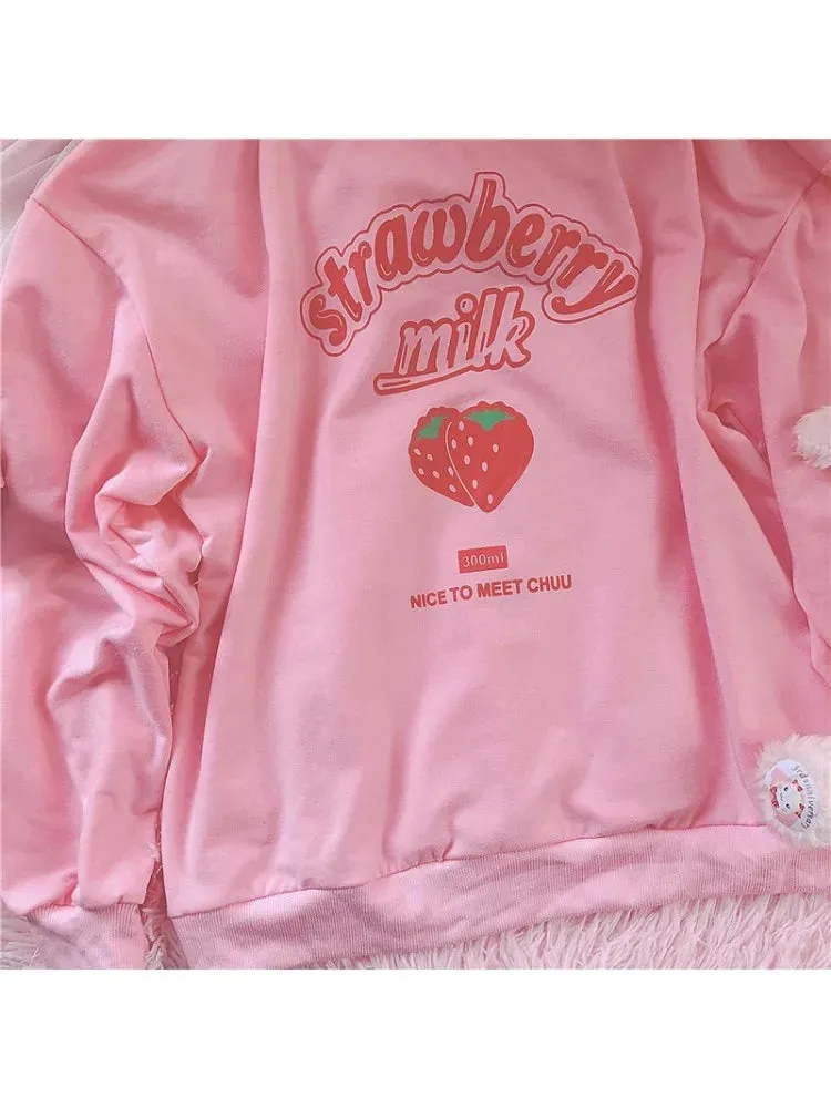 3XL Harajuku Kawaii Strawberry Pink Sweatshirts Fleece Sweatshirt Women Kpop Chic Cute Girls Top Y2k  Clothes