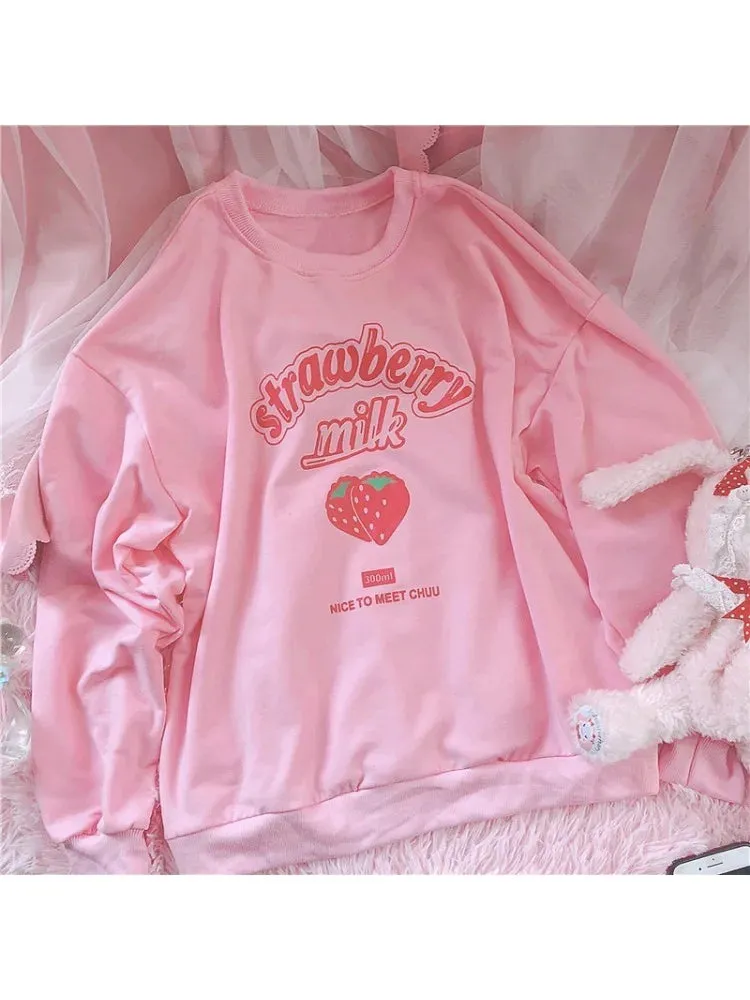 3XL Harajuku Kawaii Strawberry Pink Sweatshirts Fleece Sweatshirt Women Kpop Chic Cute Girls Top Y2k  Clothes