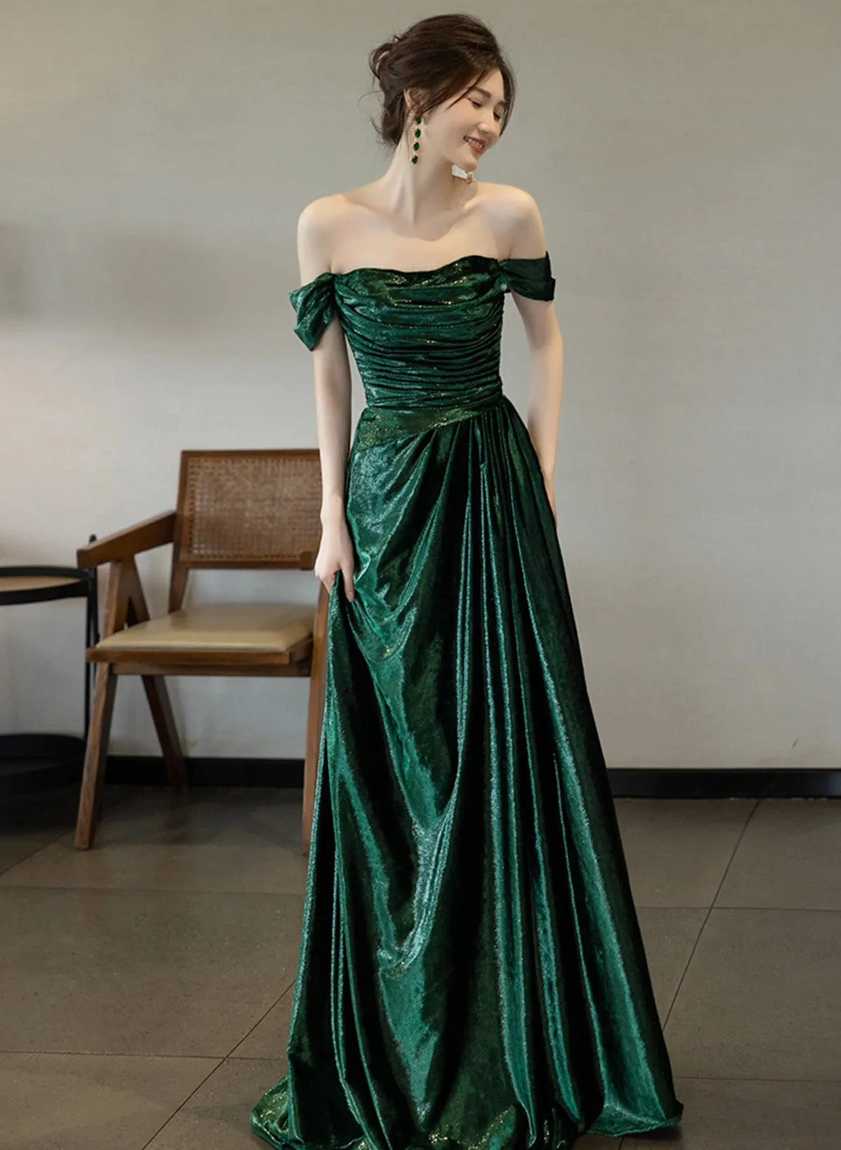 A-line Green Off Shoulder Simple Evening Dress, Green Long Prom Dress