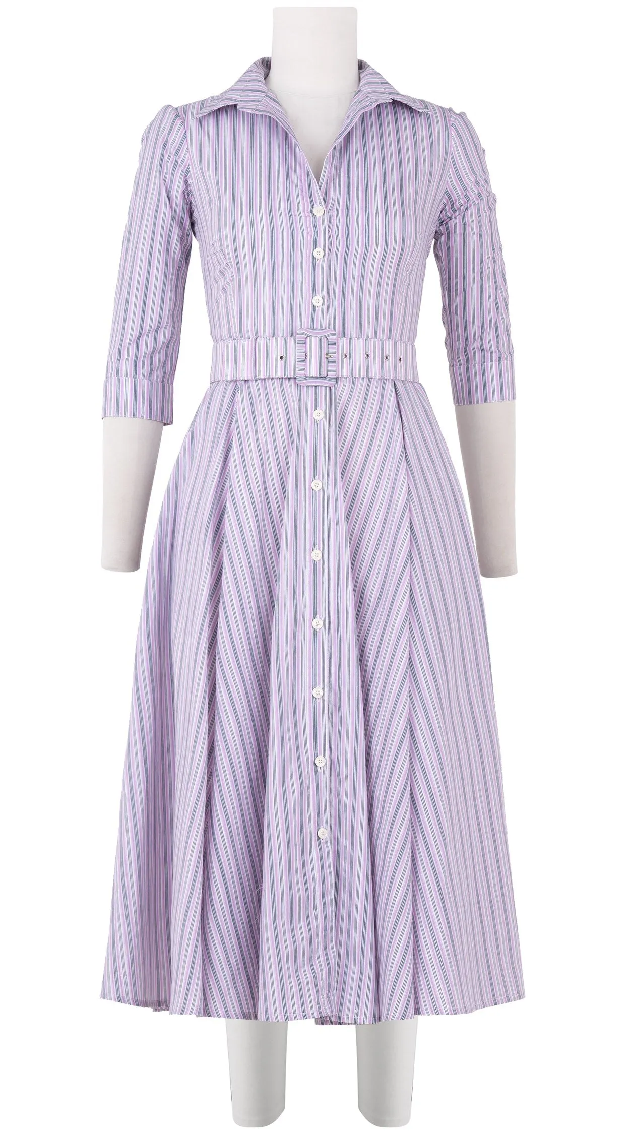 Aster Dress Shirt Collar 3/4 Sleeve Midi Length Poplin (Napoli Stripe Pastel)