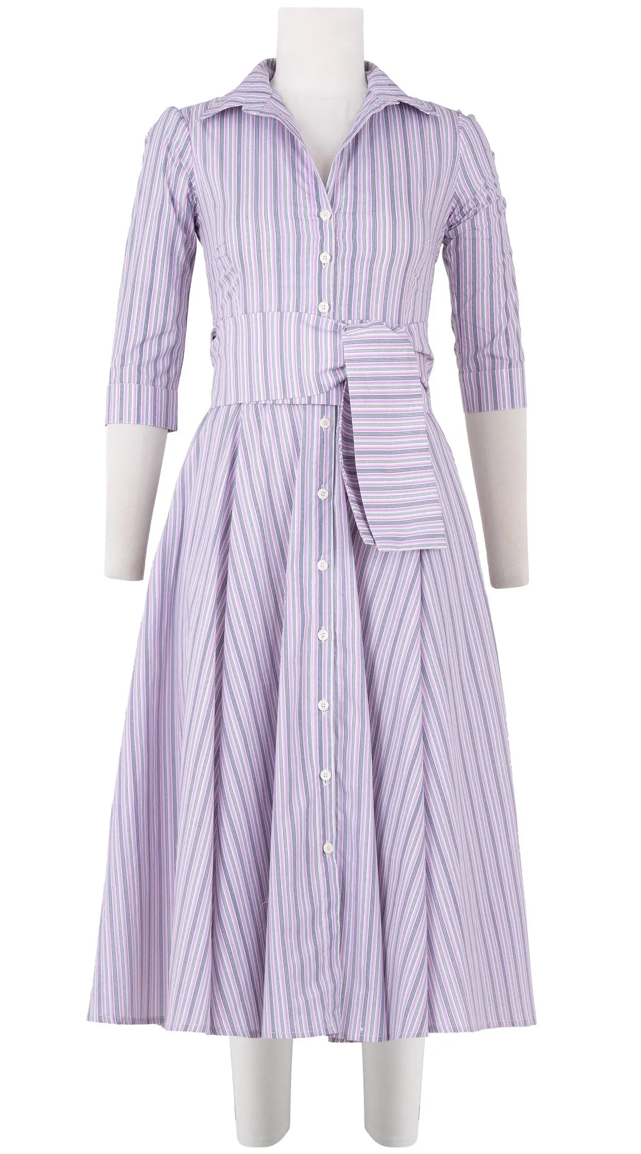 Aster Dress Shirt Collar 3/4 Sleeve Midi Length Poplin (Napoli Stripe Pastel)