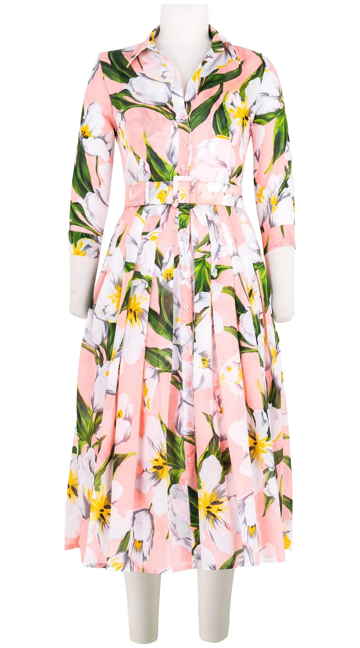 Audrey Dress #4 Shirt Collar 3/4 Sleeve Midi Length Cotton Musola (Emperor Tulip Pastel)