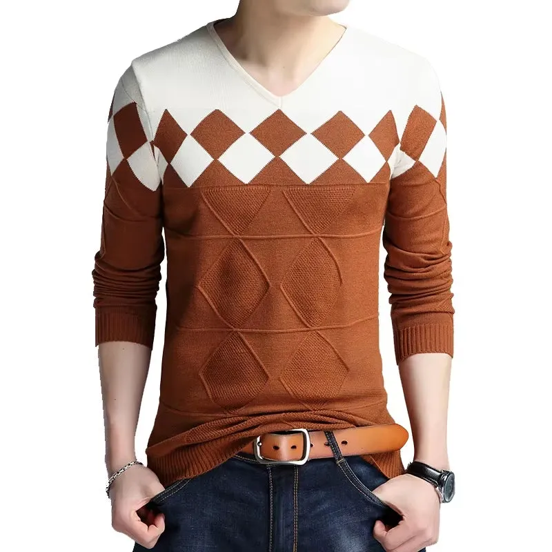 Autumn Vintage Sweater Men Collarless Sweater Christmas Sweaters Fashion V-Neck Casual Slim Sweaters Men for Business