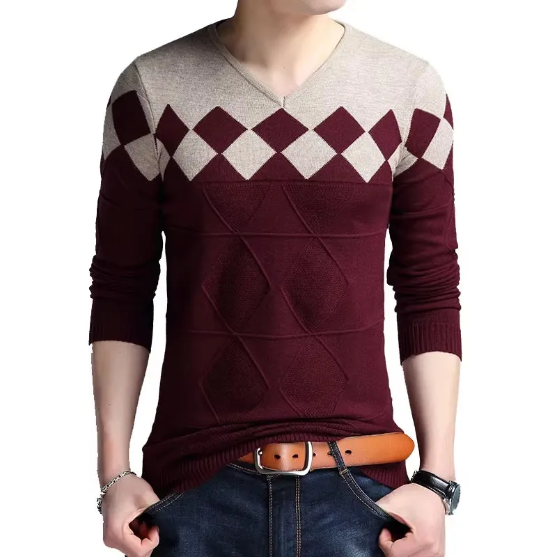 Autumn Vintage Sweater Men Collarless Sweater Christmas Sweaters Fashion V-Neck Casual Slim Sweaters Men for Business