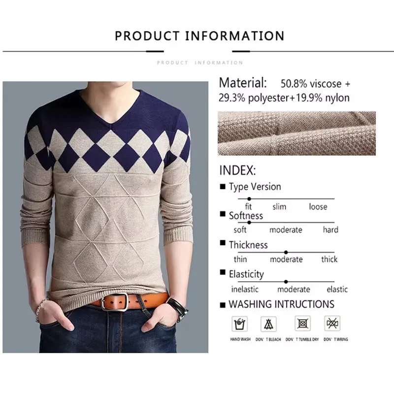 Autumn Vintage Sweater Men Collarless Sweater Christmas Sweaters Fashion V-Neck Casual Slim Sweaters Men for Business