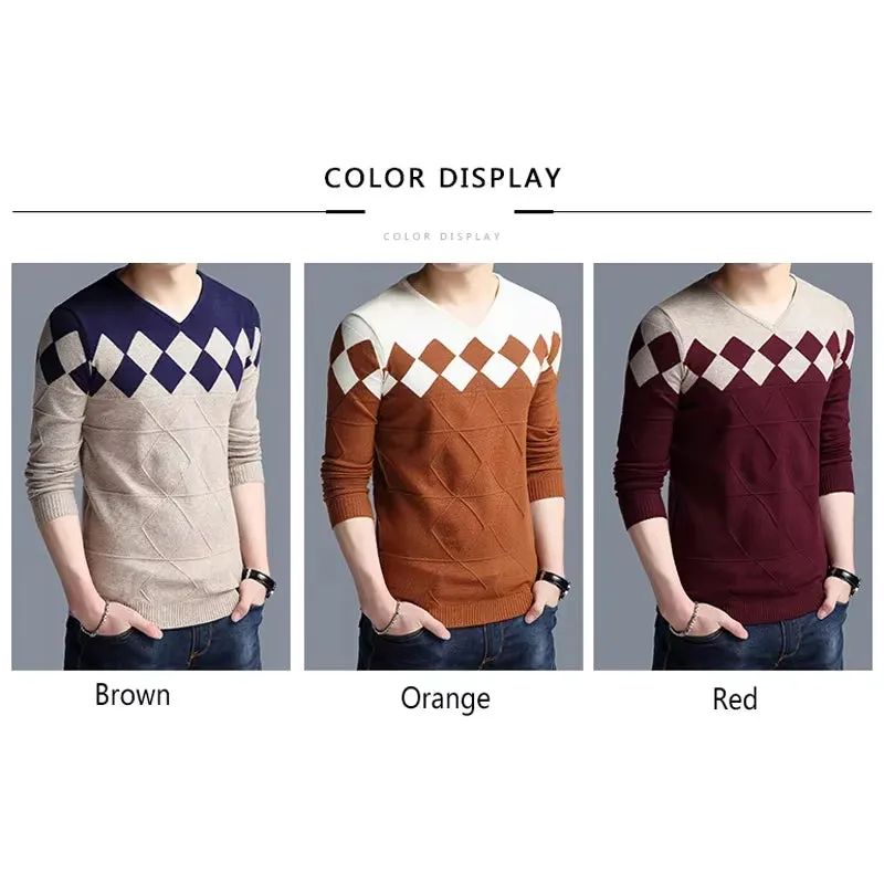 Autumn Vintage Sweater Men Collarless Sweater Christmas Sweaters Fashion V-Neck Casual Slim Sweaters Men for Business