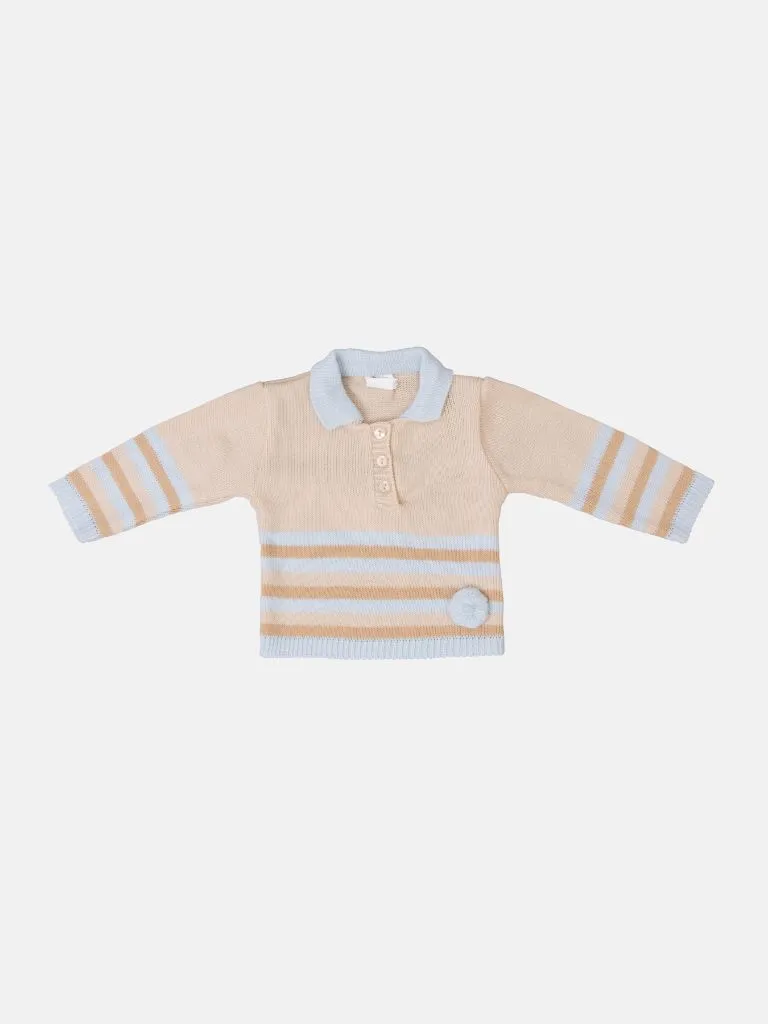 Baby Unisex 3-piece Striped Knitted Gift Box Set - Beige & Baby Blue