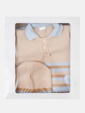 Baby Unisex 3-piece Striped Knitted Gift Box Set - Beige & Baby Blue