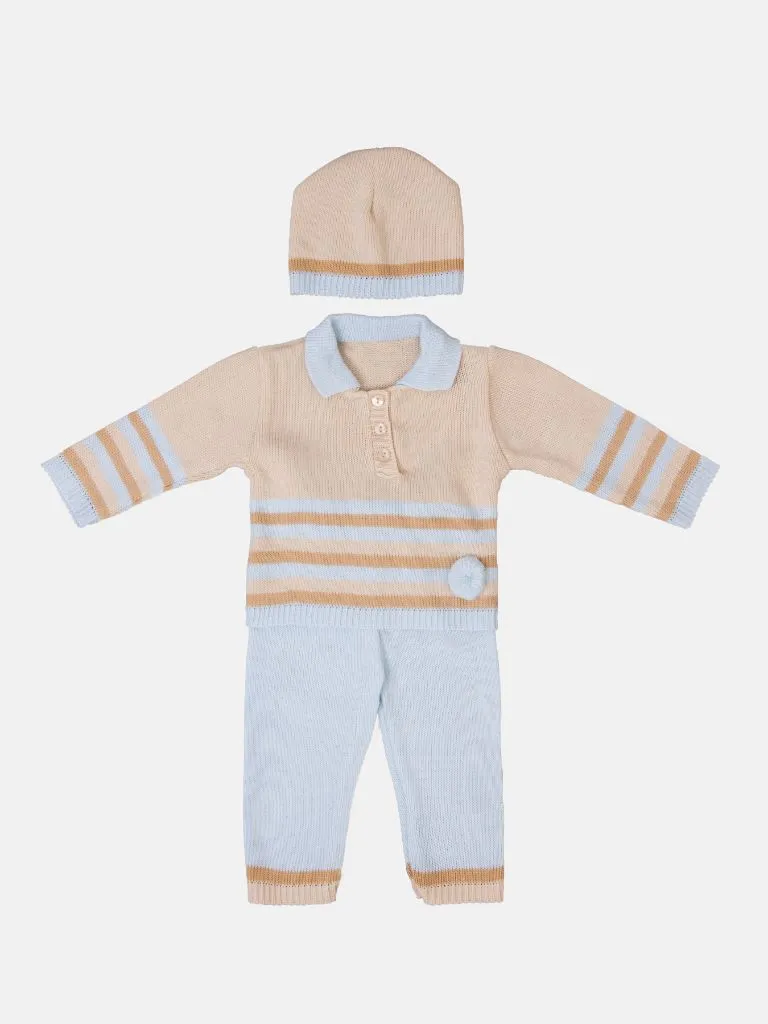 Baby Unisex 3-piece Striped Knitted Gift Box Set - Beige & Baby Blue