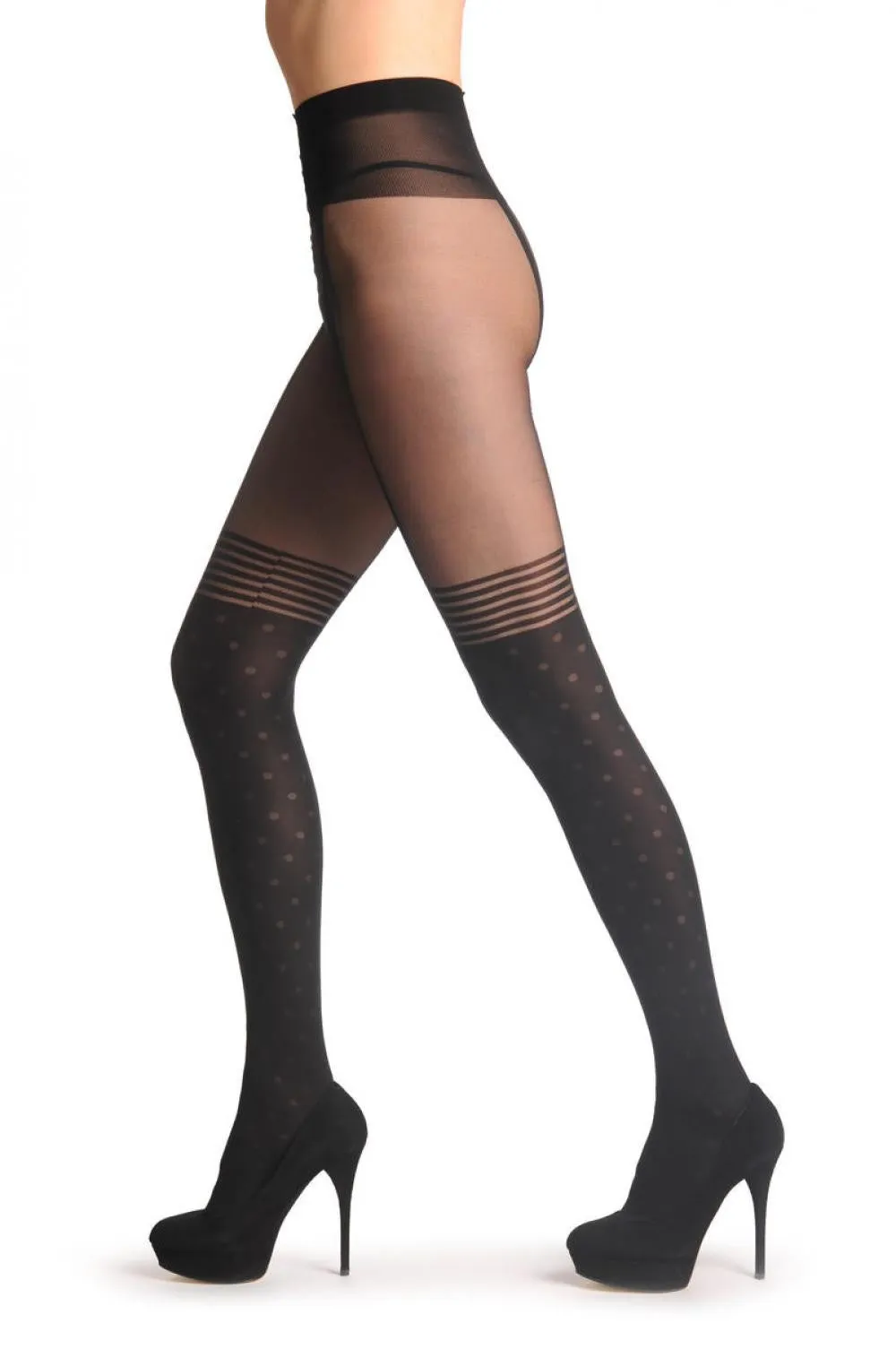 Black Faux Suspender Dotted Tights With Striped Top 60 Den