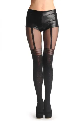 Black Faux Suspender Dotted Tights With Striped Top 60 Den