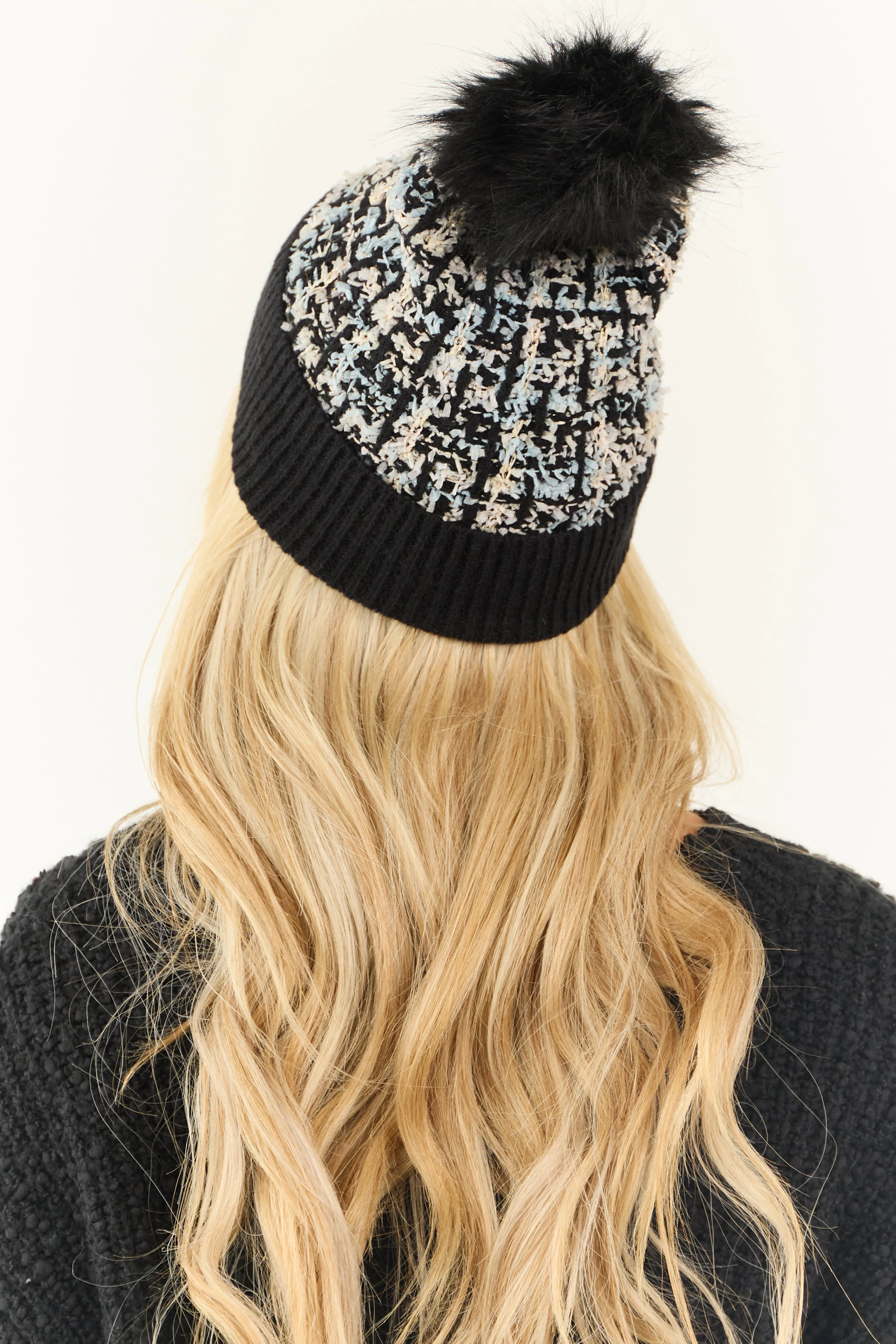 Black Faux Tweed Pom Pom Knit Beanie