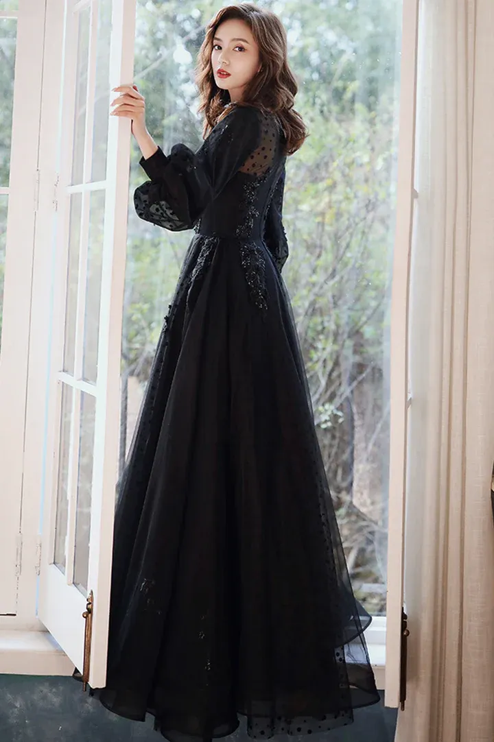 Black Puffy Sleeves Tulle with Lace Long Evening Dress, A-line Back Long Formal Dress