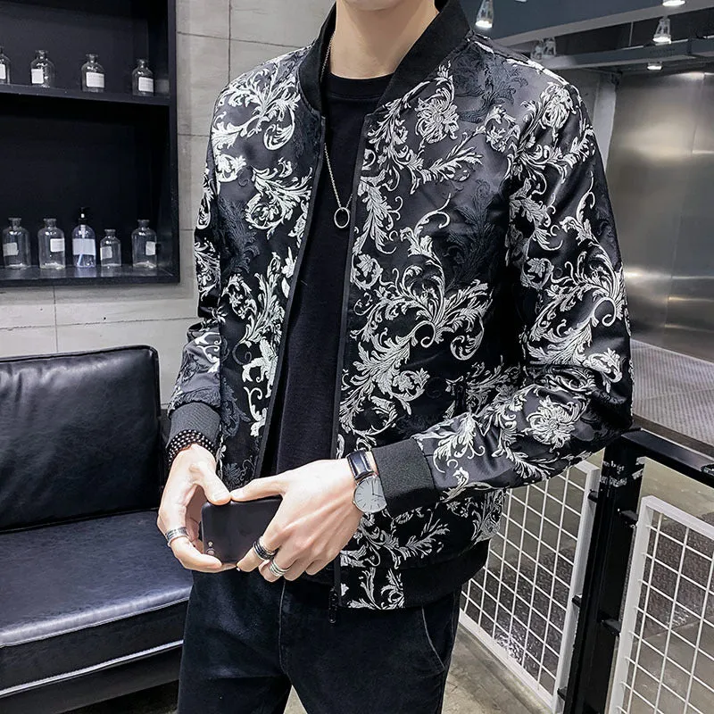 Black Red Jacquard Men Bomber Jacket Casual Streetwear