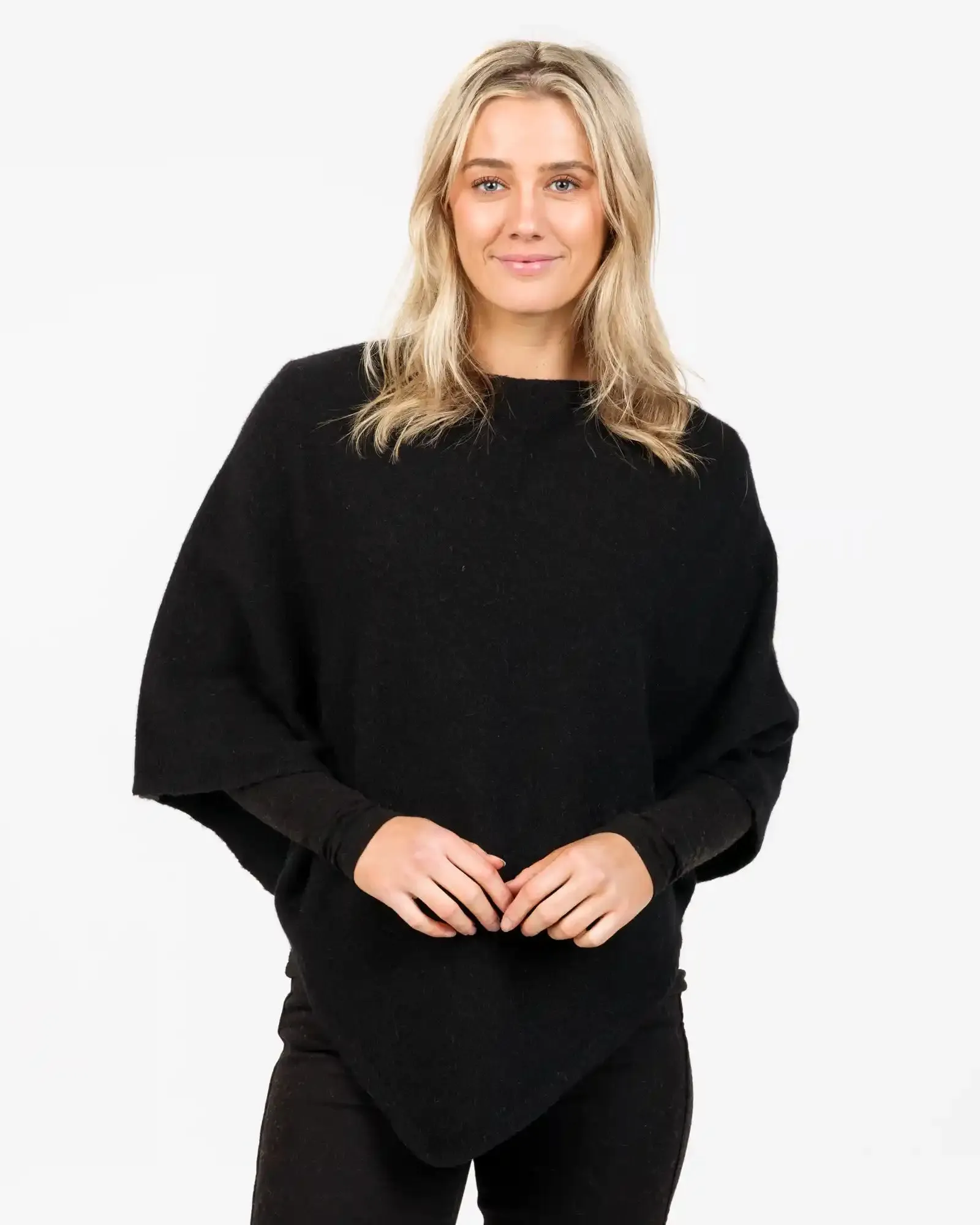 Black Women's Poncho Cape in Possum Merino Wool - NB698