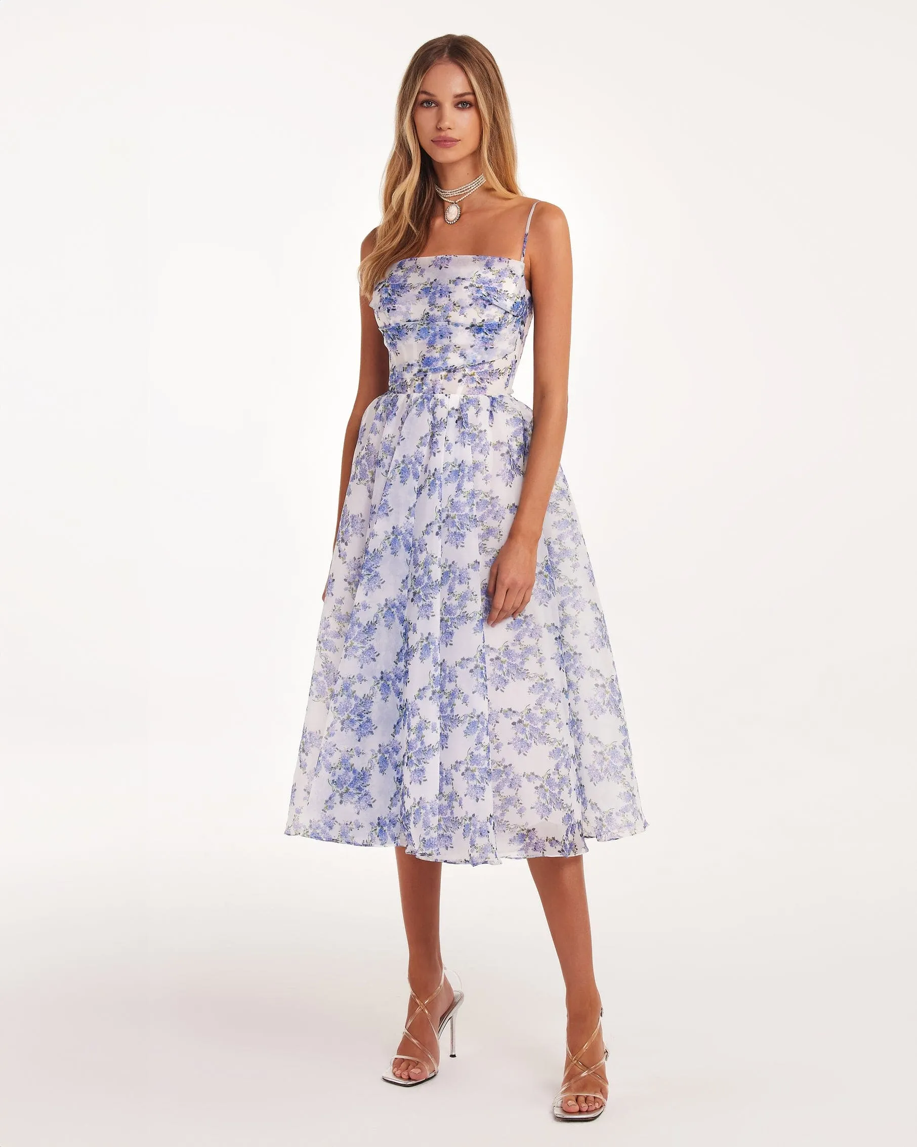 Blue Hydrangea spaghetti strap midi dress