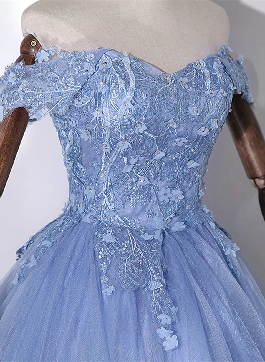 Blue Off Shoulder Tulle Party Dress with Lace, Long Formal Dress Sweet 16 Dress