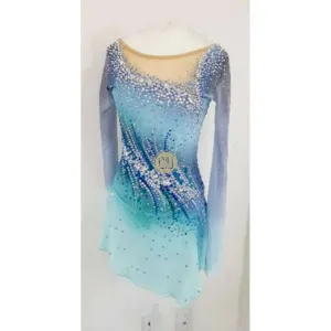 Blue Ombre Competition Figure Skating Dress Mesh Sleeves