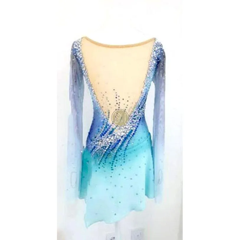 Blue Ombre Competition Figure Skating Dress Mesh Sleeves