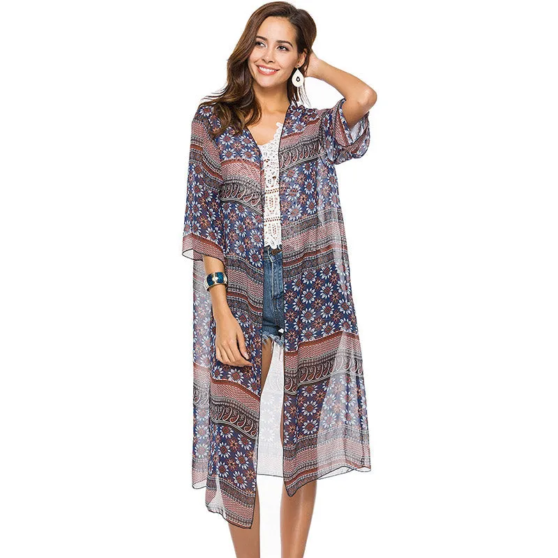 Boho Style Floral Print Long Kimono Chiffon Blouse