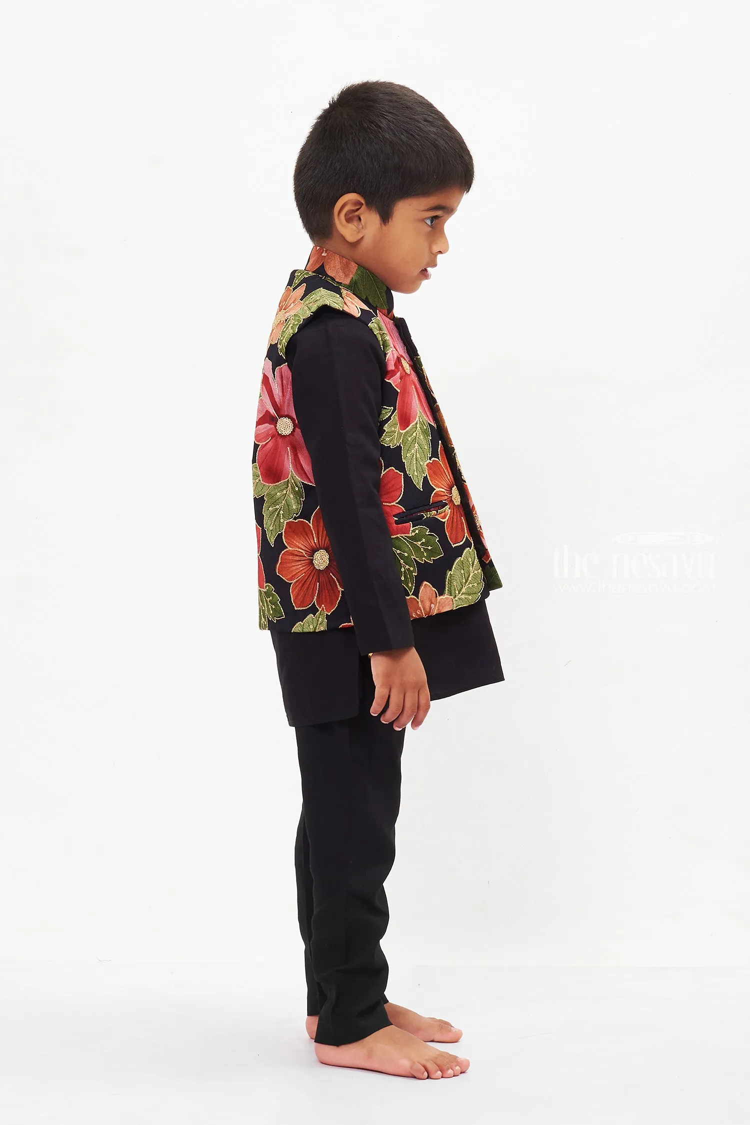 Boys Floral Jacket and Black Kurta Pant Set