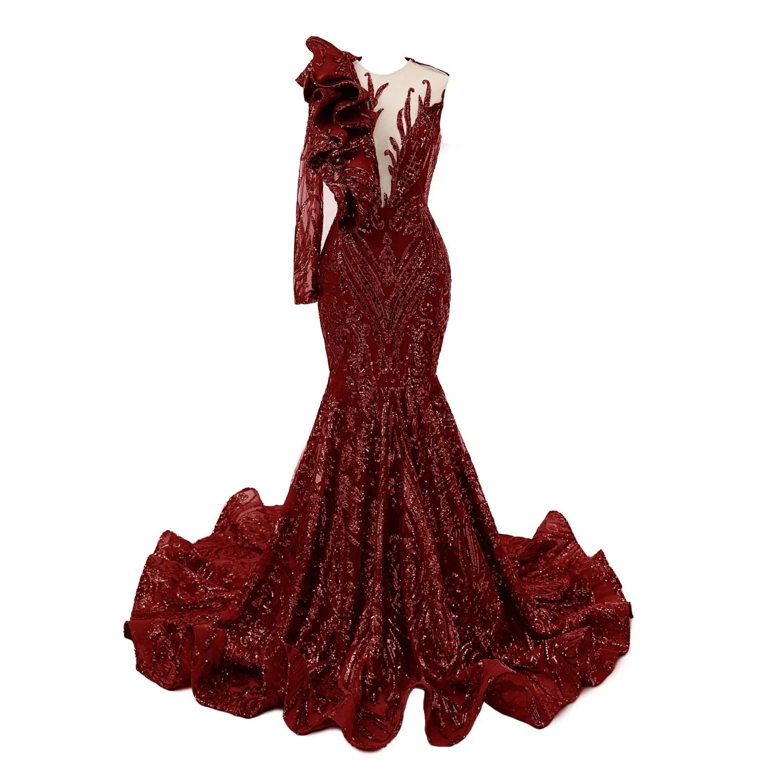 Burgundy Mermaid One Sleeve Prom Dresses Sequined Lace Jewel Ruffles Evening Party Dress with Appliques﻿