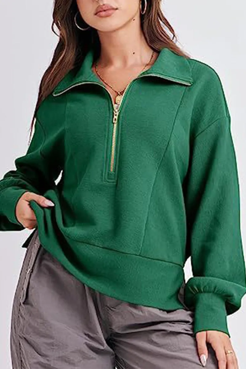 Casual Solid Zipper Zipper Collar Tops(6 Colors)