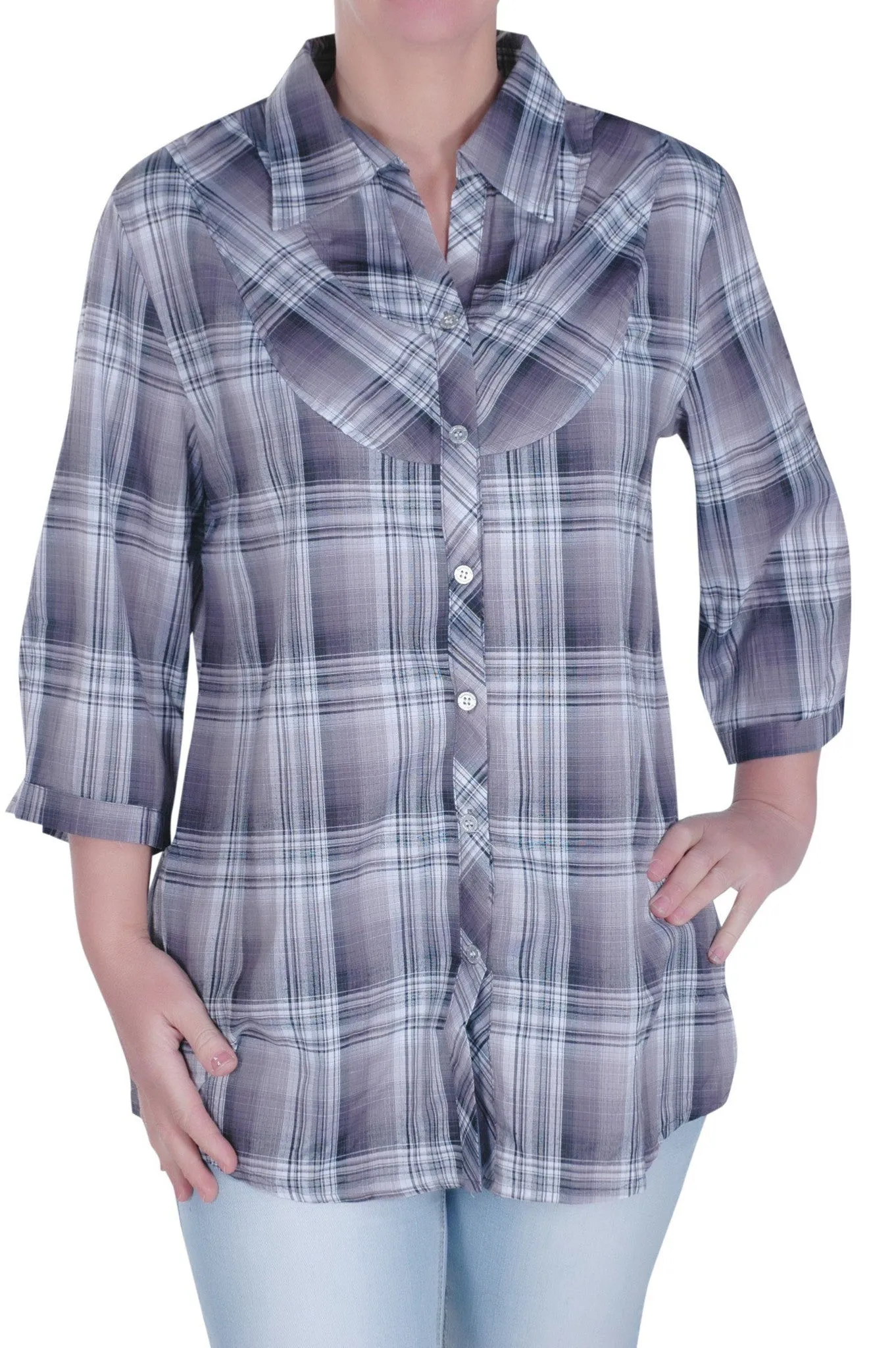 Checkered Roll Up Sleeve Plus Size Blouse