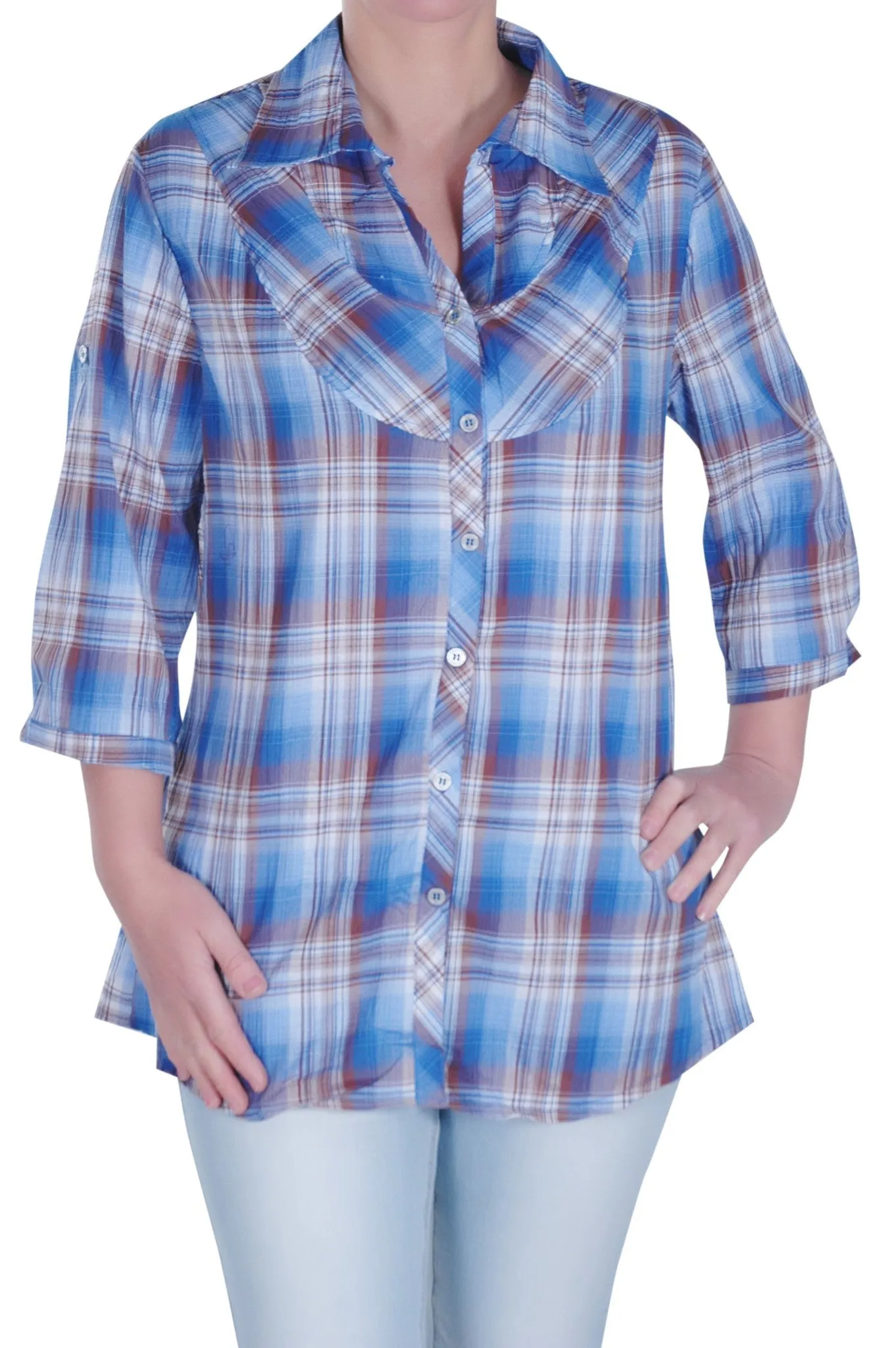 Checkered Roll Up Sleeve Plus Size Blouse