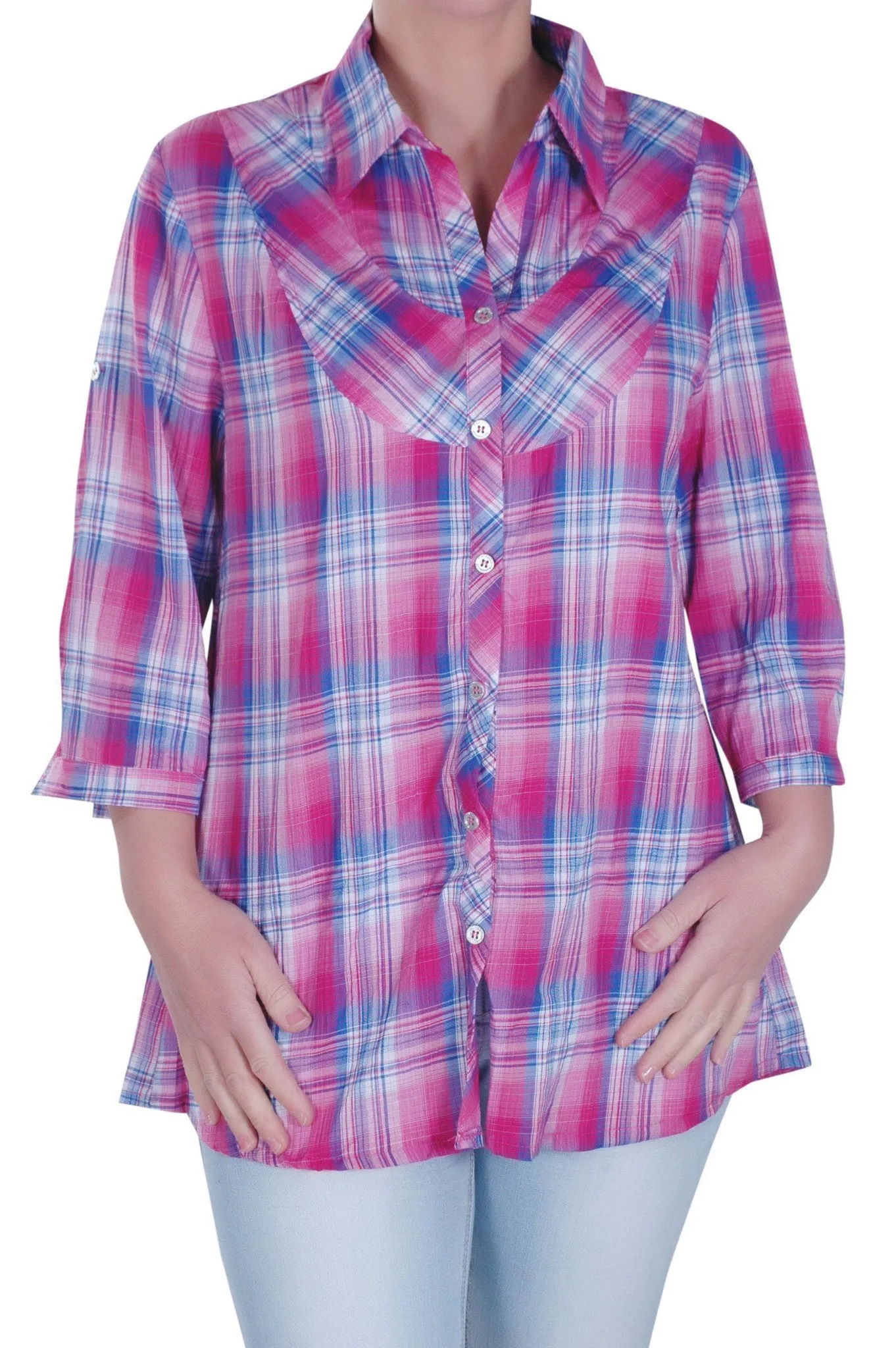 Checkered Roll Up Sleeve Plus Size Blouse