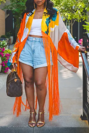 Chic Colorful Abstract Print Tassel Kimono