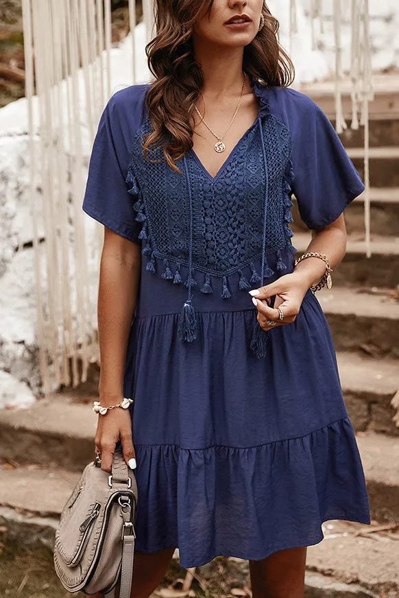 Chic Lace Patchwork Tassel Ruffled Dress