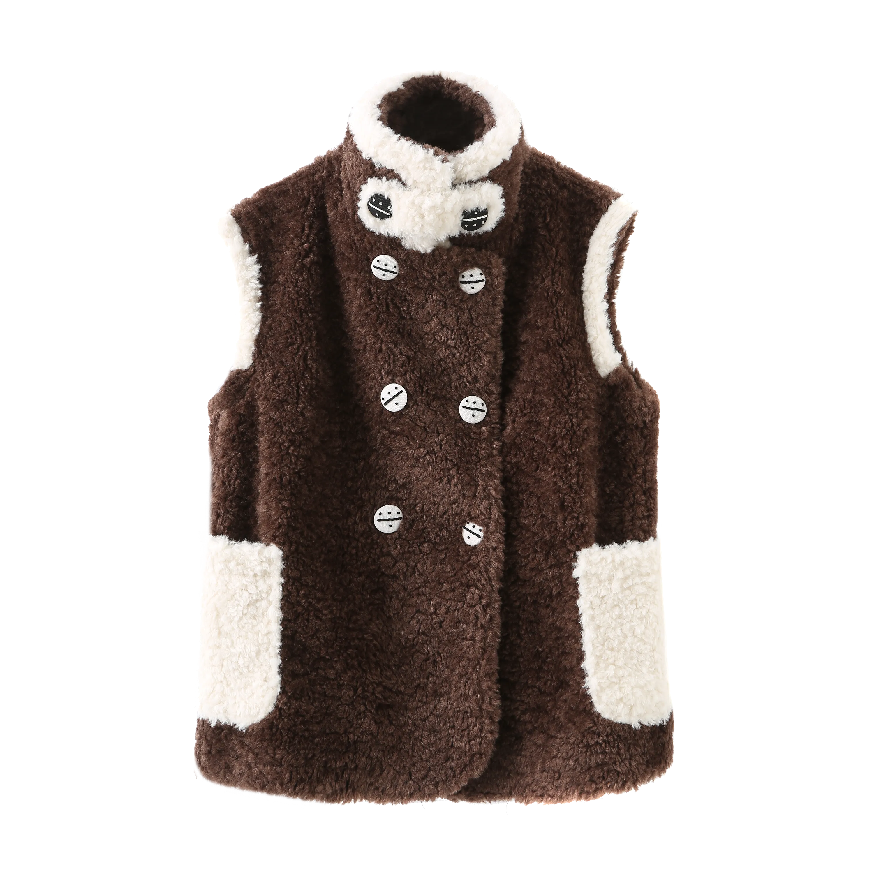 Color Block Teddy Vest_Brown White