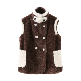 Color Block Teddy Vest_Brown White