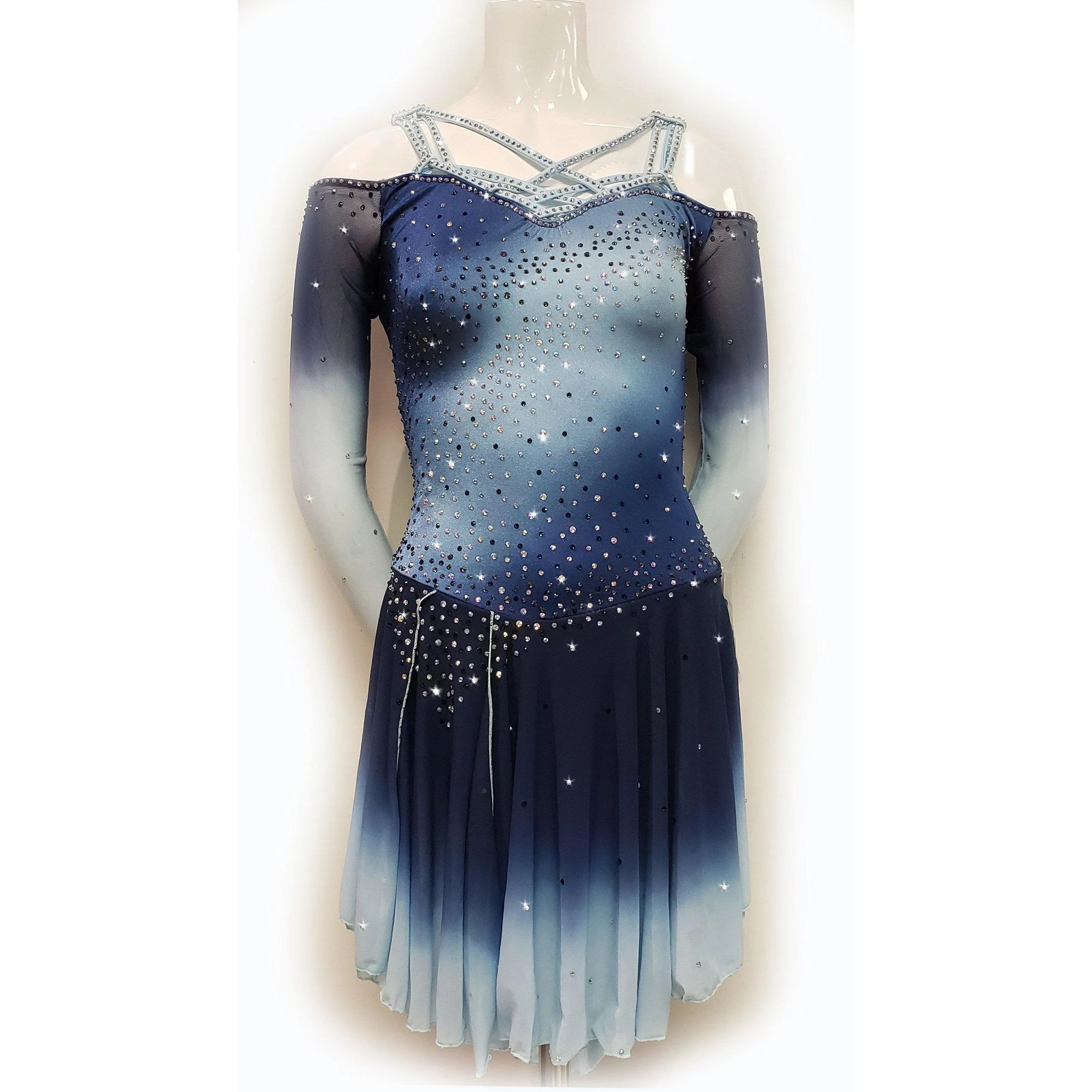 Competition Figure Skating Dress Blue Ombre Long Sleeves